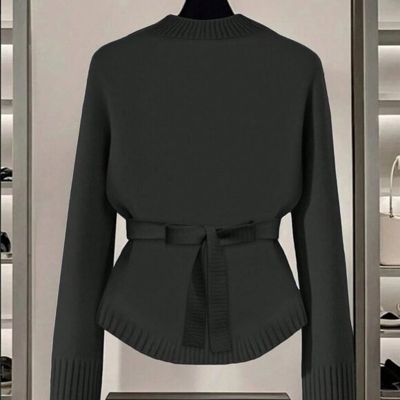 Black Casual Women's Metal Button Asymmetrical Cardigan Sweater - Picture 2 of 7